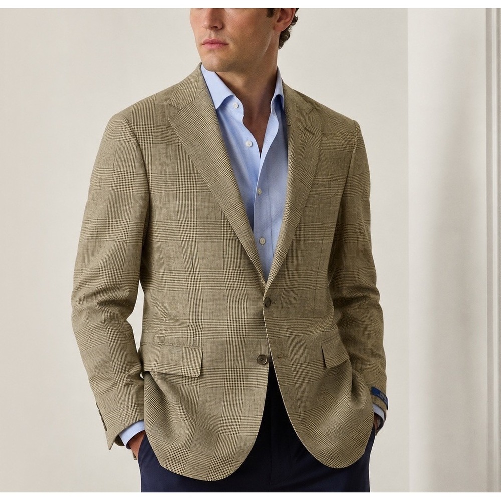 Polo Ralph Lauren Modern Fit Glen Plaid Sport Coat Size 44L Linen Wool MSRP $498